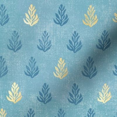 Samui Block Print Leaves in Turquoise and Gold (large scale) | Hand block printed plants on raw silk texture, turquoise blue batik with gold, sarong fabric, leaf, sari print, sprigs and seedlings, botanical print.