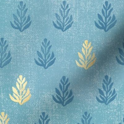 Samui Block Print Leaves in Turquoise and Gold (xl scale) | Hand block printed plants on raw silk texture, turquoise blue batik with gold, sarong fabric, leaf, sari print, sprigs and seedlings, botanical print.