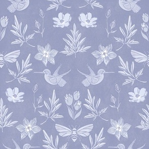 Art Deco Block-print Inspired Birds and Bees Floral in Periwinkle blue