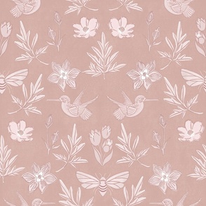 Art Deco Block-print Inspired Birds and Bees Floral in terracotta pink