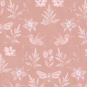 Art Deco Block-print Inspired Birds and Bees Floral in coral pink