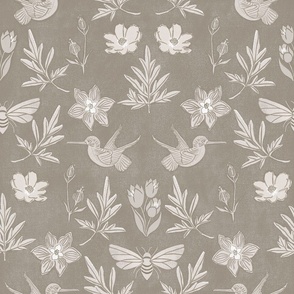 Art Deco Block-print Inspired Birds and Bees Floral in Sage Gray 