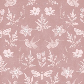Art Deco Block-print Inspired Birds and Bees Floral in Grainy Rose tones