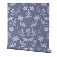 Art Deco Block-print Inspired Birds and Bees Floral in Denim Blue