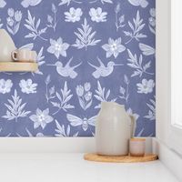 Art Deco Block-print Inspired Birds and Bees Floral in Denim Blue