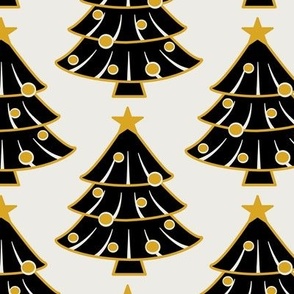 christmas trees block print black white yellow blackforest - large