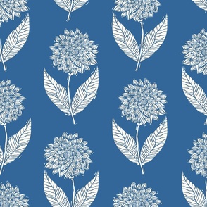 White Linocut Block Print Dahlia Flowers on Blue Background Large Scale