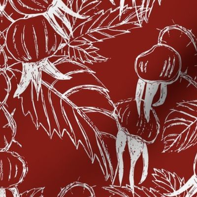 Winter Woodcut Block Print Rosehips - Festive Red - 40 inch