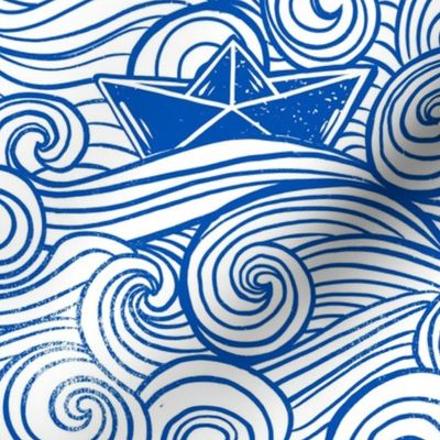 On the great ocean block print, waves and paper boat