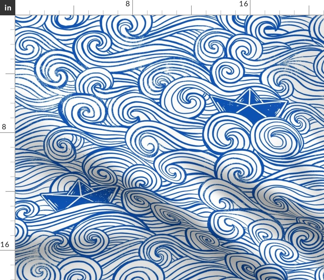 On the great ocean block print, waves and paper boat