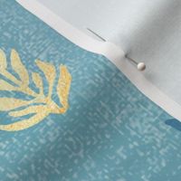 Samui Block Print Leaves in Turquoise and Gold (xxl scale) | Hand block printed plants on raw silk texture, turquoise blue batik with gold, sarong fabric, leaf, sari print, sprigs and seedlings, botanical print.