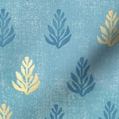 Samui Block Print Leaves in Turquoise and Gold (xxl scale) | Hand block printed plants on raw silk texture, turquoise blue batik with gold, sarong fabric, leaf, sari print, sprigs and seedlings, botanical print.
