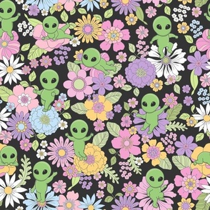 Cute Aliens with Flowers - Medium Scale - Charcoal Background Novelty Pastel Floral Space Kid Girl Little Green Men