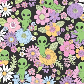 Cute Aliens with Flowers - Large Scale - Charcoal Background Novelty Pastel Floral Space Kid Girl Little Green Men