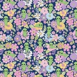 Cute Aliens with Flowers - Ditsy Scale - Navy Blue Background Novelty Pastel Floral Space Kid Girl Little Green Men