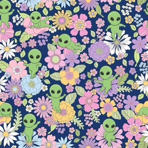 Cute Aliens with Flowers - Medium Scale - Navy Blue Background Novelty Pastel Floral Space Kid Girl Little Green Men