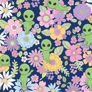 Cute Aliens with Flowers - Large Scale - Navy Blue Background Novelty Pastel Floral Space Kid Girl Little Green Men