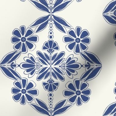 Navy blue block printing mediterranean tiles in off white