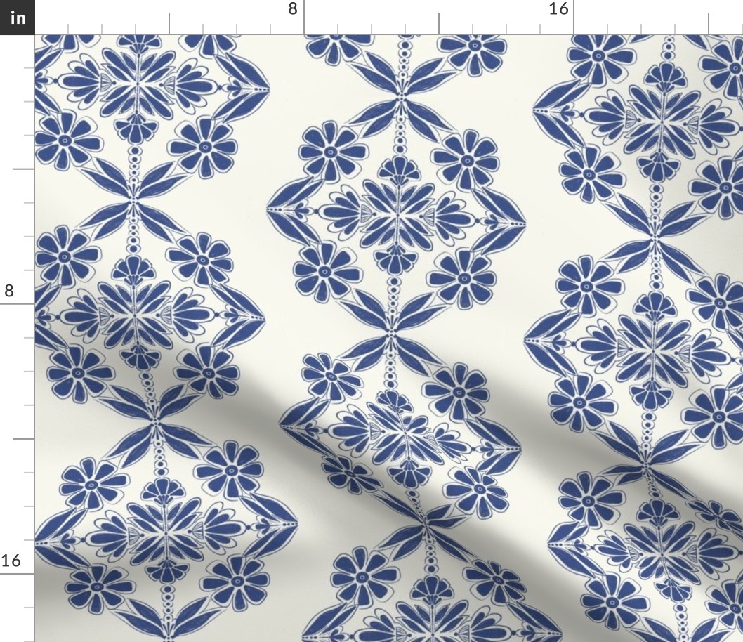 Navy blue block printing mediterranean tiles in off white