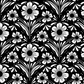 floral block print in black and white