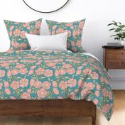 Wallflowers Block Print Large Scale 24x36 peach and blue-green