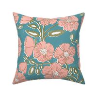 Wallflowers Block Print Large Scale 24x36 peach and blue-green