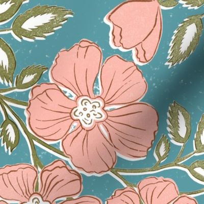 Wallflowers Block Print Large Scale 24x36 peach and blue-green