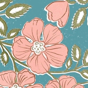 Wallflowers Block Print Large Scale 24x36 peach and blue-green