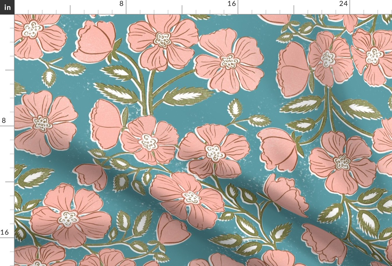 Wallflowers Block Print Large Scale 24x36 peach and blue-green