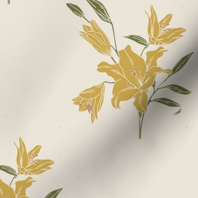 Lily Bouquet Block Print, Yellow Ochre on Linen ~ Cottage Core, Vintage ~ Large