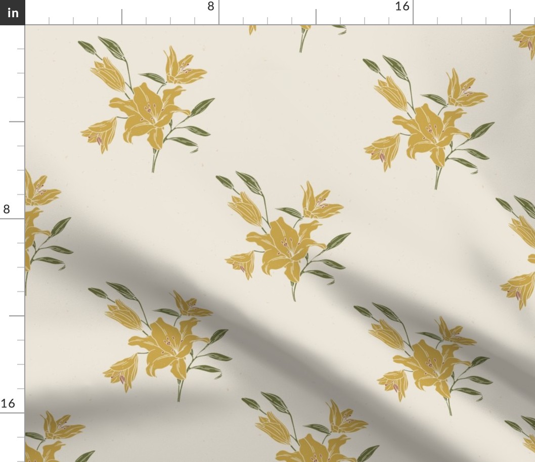 Lily Bouquet Block Print, Yellow Ochre on Linen ~ Cottage Core, Vintage ~ Large