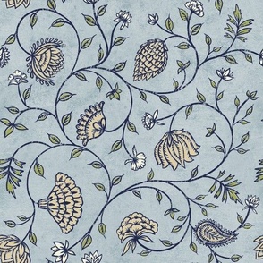 Blue Indian block print floral. Boho upholstery. Traditional farmhouse.