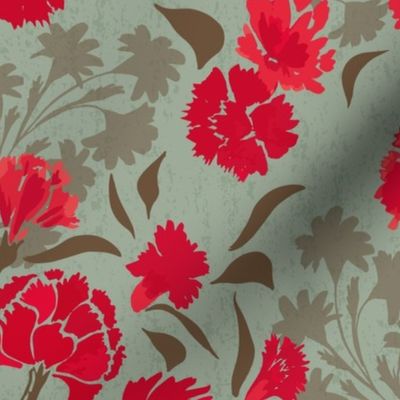 Spanish Carnations Block Print-Inspired - Red, green, floral, gouache, traditional and modern, classic folklore