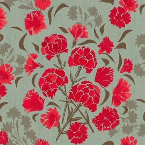 Spanish Carnations Block Print-Inspired - Red, green, floral, gouache, traditional and modern, classic folklore