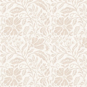 Block print floral neutral beige on white