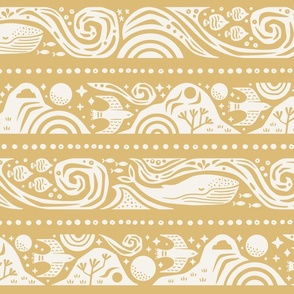 Earth Sea & Sky Stripe | Large Scale | Honey Yellow | Whale Birds Mountain Waves