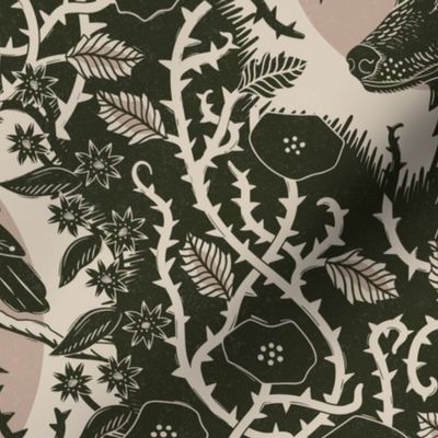 Ravens and wolf with vines and flowers - block print style - gothic, mystical, damask - soft green-black and warm neutral - large