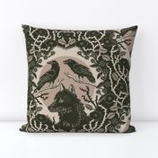 Ravens and wolf with vines and flowers - block print style - gothic, mystical, damask - soft green-black and warm neutral - large