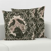 Ravens and wolf with vines and flowers - block print style - gothic, mystical, damask - soft green-black and warm neutral - large