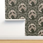 Ravens and wolf with vines and flowers - block print style - gothic, mystical, damask - soft green-black and warm neutral - large