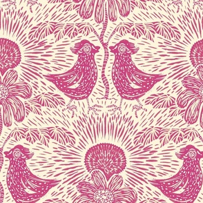 block print love birds chickens under a leaf umbrela and flower in pink magenta on cream | extra large