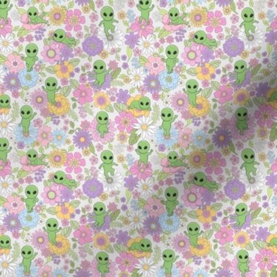 Cute Aliens with Flowers - Ditsy Scale - Light Cream Background Novelty Pastel Floral Space Kid Girl Little Green Men