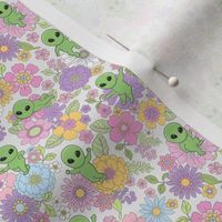 Cute Aliens with Flowers - Ditsy Scale - Light Cream Background Novelty Pastel Floral Space Kid Girl Little Green Men