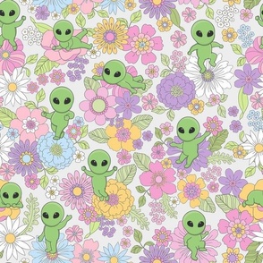 Cute Aliens with Flowers - Medium Scale - Light Cream Background Novelty Pastel Floral Space Kid Girl Little Green Men