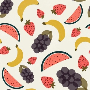 Large Scale Block Print Fruit Explosion: Strawberries, Bananas, Watermelon, Grapes on Natural 12x12