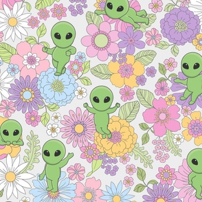 Cute Aliens with Flowers - Large Scale - Light Cream Background Novelty Pastel Floral Space Kid Girl Little Green Men