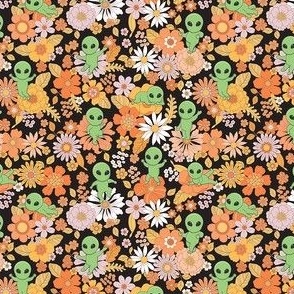 Cute Groovy Aliens with Flowers - Ditsy Scale - Dark Background Novelty Floral Space Little Green Men Aliens 70s 1970s Orange Green