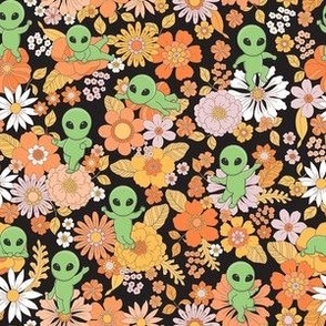 Cute Groovy Aliens with Flowers - Small Scale - Dark Background Novelty Floral Space Little Green Men Aliens 70s 1970s Orange Green