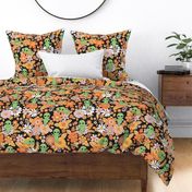 Cute Groovy Aliens with Flowers - Large Scale - Dark Background Novelty Floral Space Little Green Men Aliens 70s 1970s Orange Green Retro