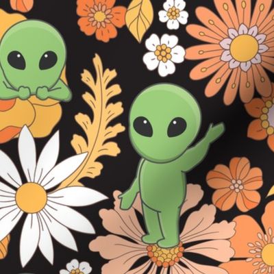 Cute Groovy Aliens with Flowers - Large Scale - Dark Background Novelty Floral Space Little Green Men Aliens 70s 1970s Orange Green Retro